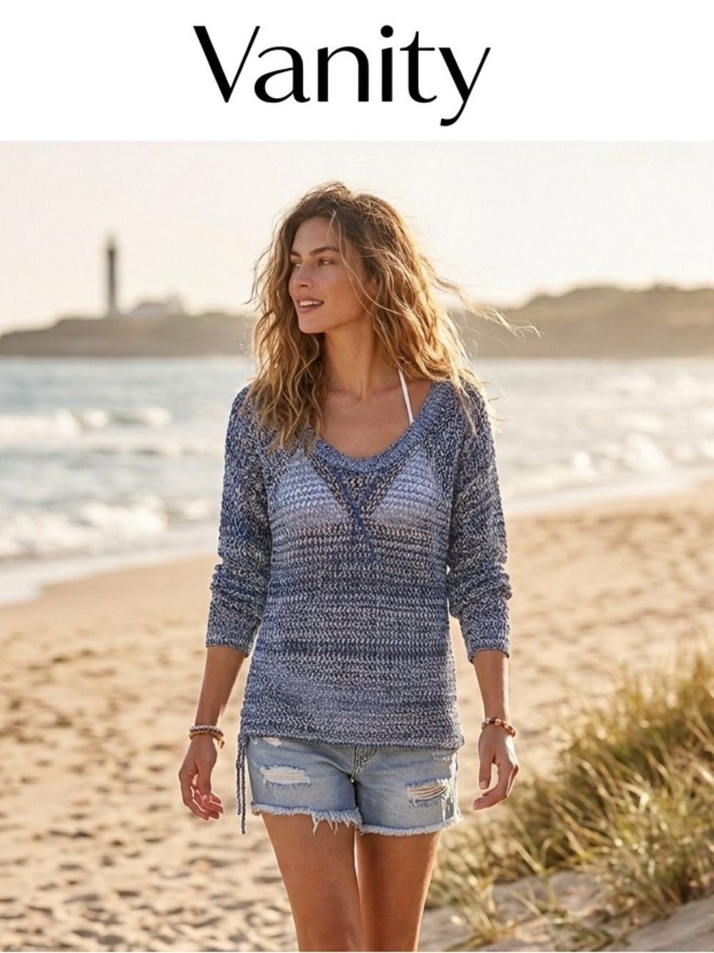 Vanity Navy and White Open-Knit Sweater